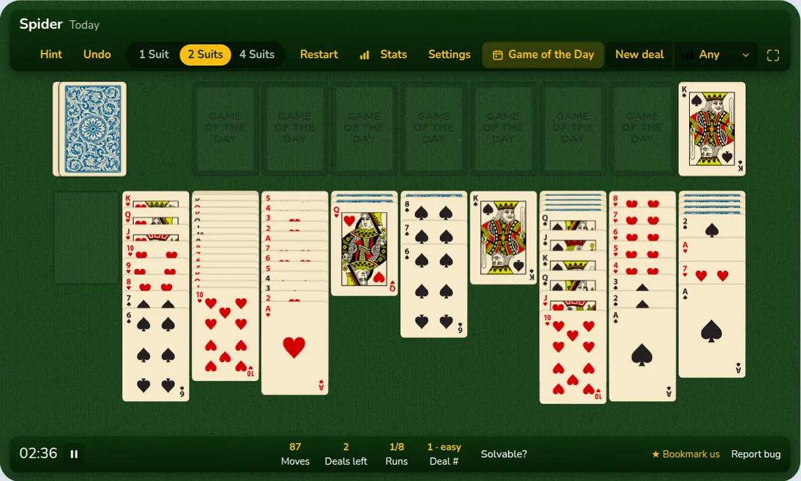 Daily Spider Solitaire 1 Suit: Free and Winnable | Wordgames